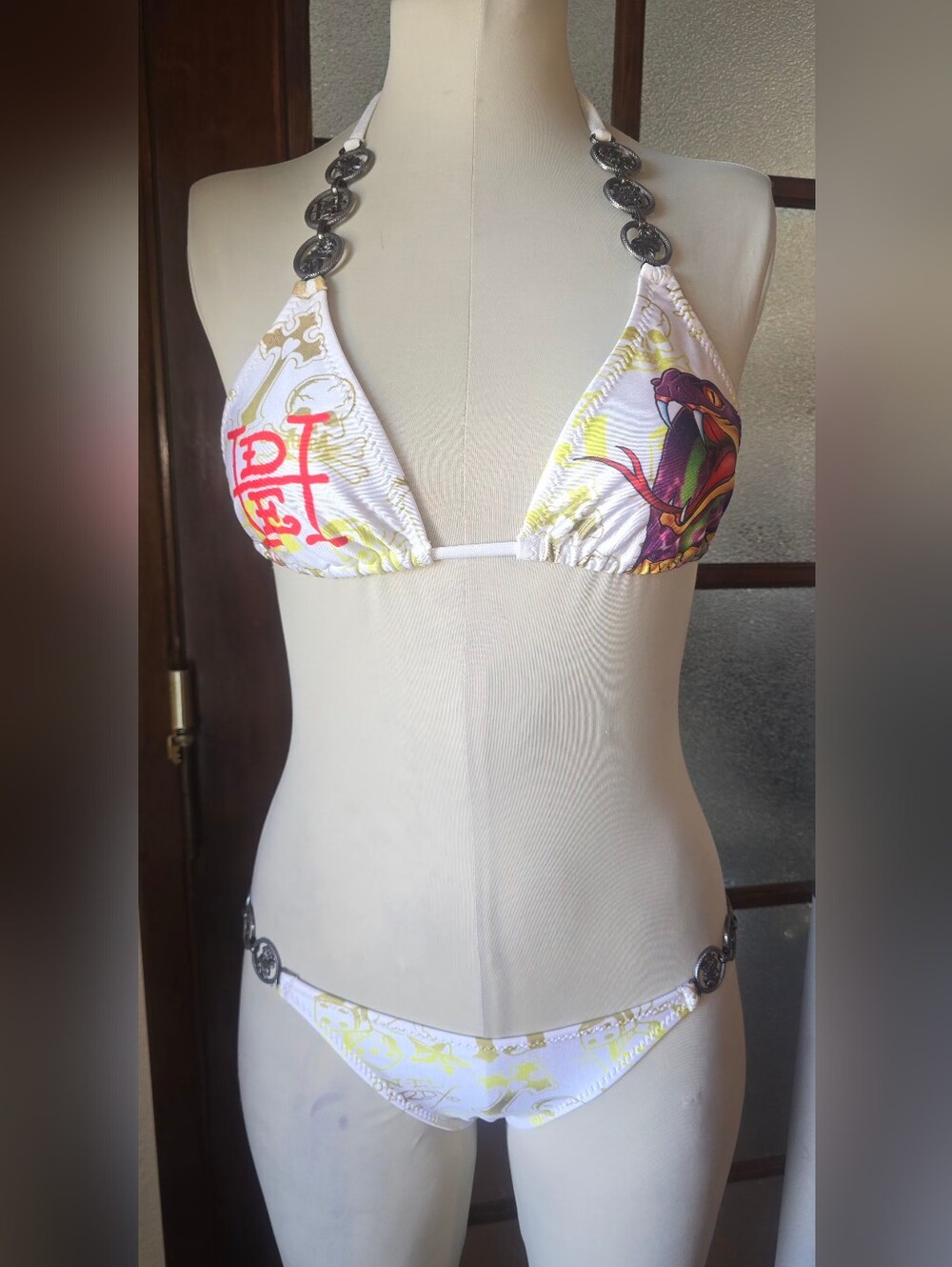 Ed Hardy Bright Graphic Bikini Top in Orange and Blue